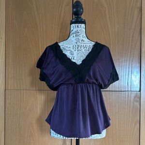 Arden B High-Waisted Purple and Black Flutter Sleeve Blouse
